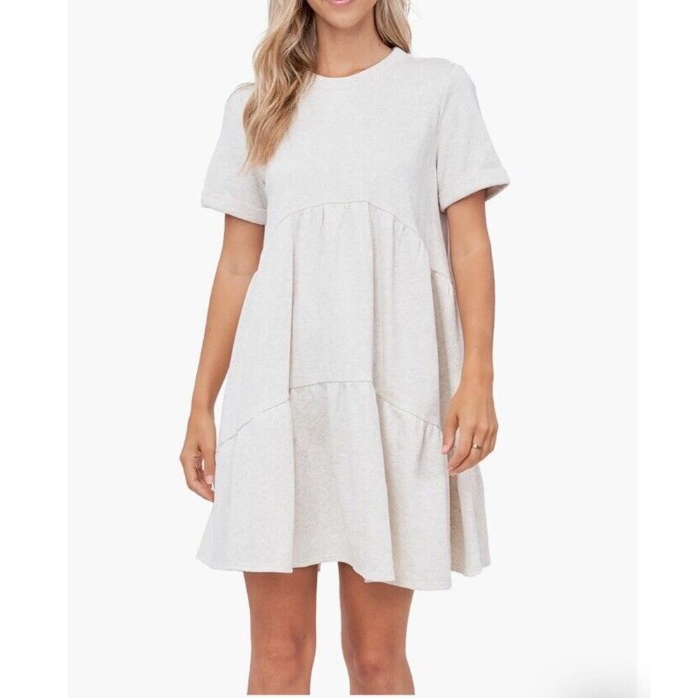 EN SAISON Tiered Short Sleeve Babydoll French Terry Mini Dress Small Pockets